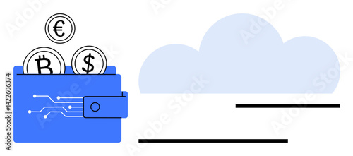Blue wallet with Bitcoin, Euro, and Dollar coins alongside cloud. Ideal for finance, cryptocurrency, money transfer, digital banking, fintech global trade secure storage. Flat simple metaphor