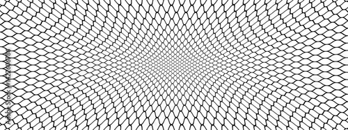 Warped soccer or fishing net. Wire or lace pattern. Black mesh texture isolated on white background. Metallic or fabric fence, trapping net, cage or lattice structure. Vector graphic Illustration.
