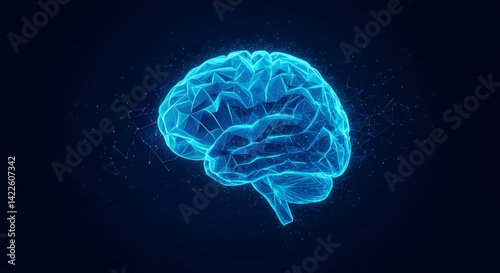 Luminous Lowpoly Human Brain in Electric Blue and Cyan Against Navy Blue Background with Interconnected Glowing Lines and Nodes