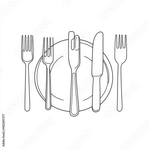 Continuous one line drawing of fork, knife, and plate icon set