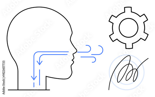 Human profile showing airflow direction in respiratory system, accompanied by a gear and signature. Ideal for health, technology, education, innovation, automation, identity, simple landing page