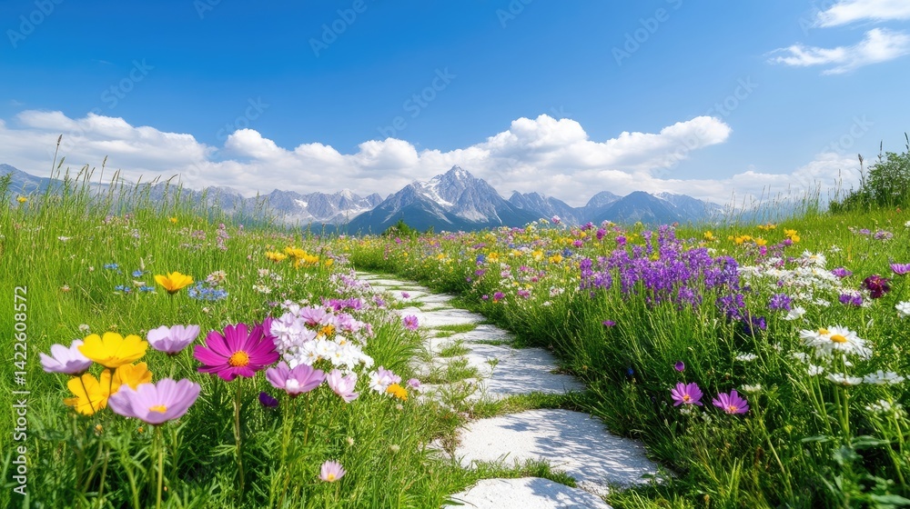 Obraz premium A scenic stone path winds through a vibrant wildflower meadow towards majestic mountains under a blue sky.