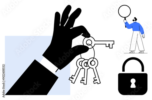 Hand grasping keys beside a padlock and a character holding a balloon. Ideal for security, access, solutions, freedom, opportunities, unlocking potential, simple landing page