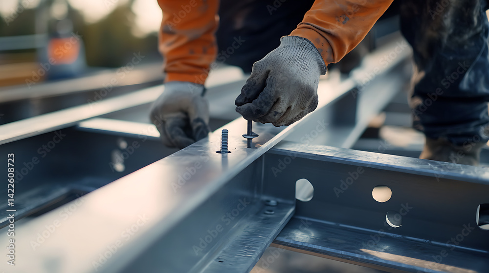 Fototapeta premium Construction Worker Assembling Metal Beams