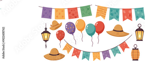 Decorative colorful flags and Festa Junina balloons hanging across the sky, perfect for banners and invitations.