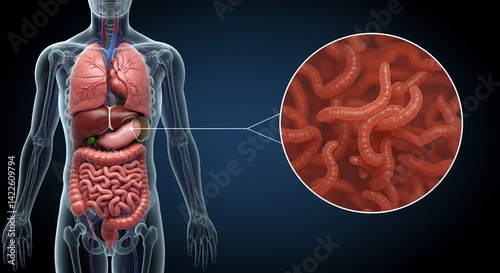Human Anatomy with Intestinal Parasites Magnified on Blue Background Illustration Emphasizing Lungs Liver Stomach and Intestines Depicting Diseases and Health Issues