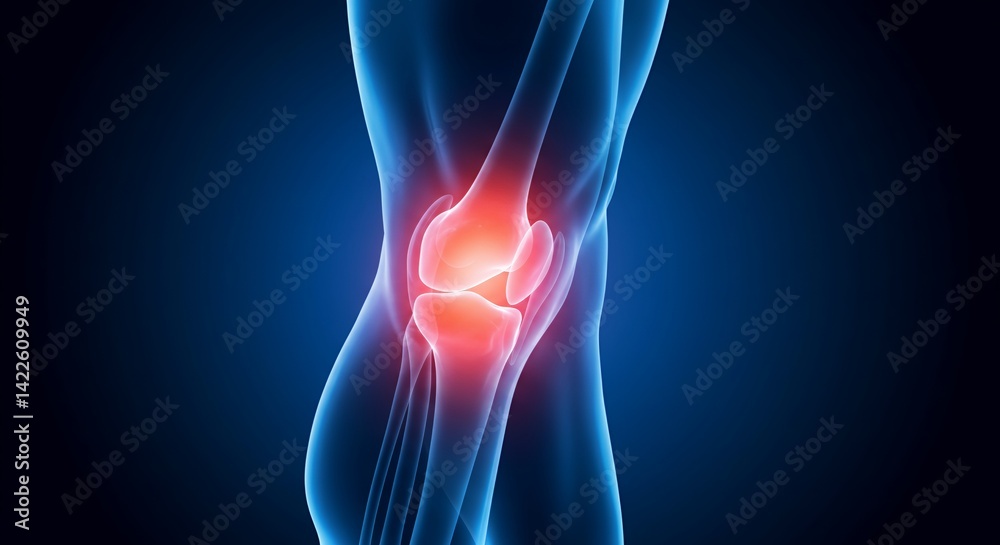Detailed 3D Render of Human Knee Joint on Blue Background with Red Inflammatory Highlights Perfect for Medical Educational Material Detailed 3D Render of Human Knee Joint on Blue Background with Red Inflammatory Highlights Perfect for Medical Educational Material