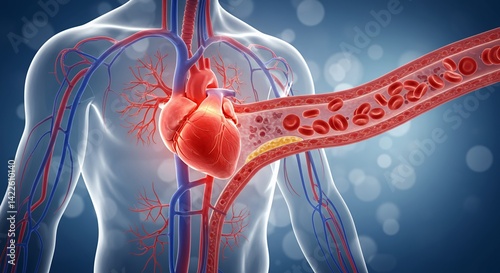 Human Heart and Circulatory System with Artery Showing Plaque Buildup on Blue Background