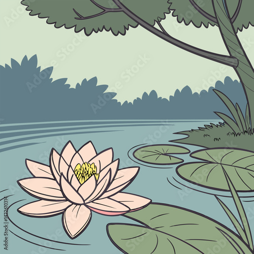 Pink Water Lily Pond Illustration: Tranquil Nature Scene -  Botanical Art.