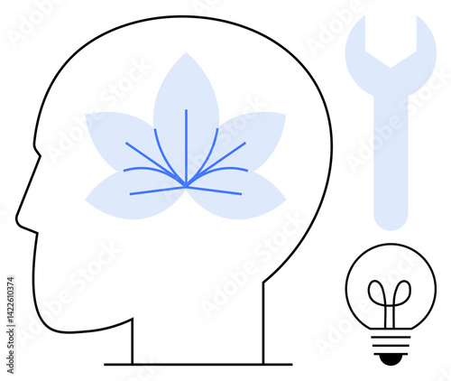 Human head outline containing a flower representing mindfulness, accompanied by a wrench and a bulb symbolizing innovation and problem-solving. Ideal for mental health, creativity, personal growth