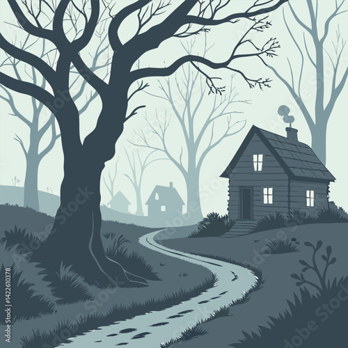 Misty Winter Cabin: Serene Log Home Illustration, Blue-Gray Palette.