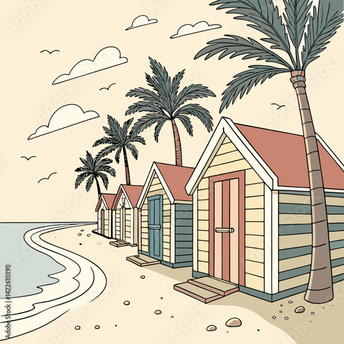Pastel Beach Huts Summer Scene: Calm Seaside Illustration.