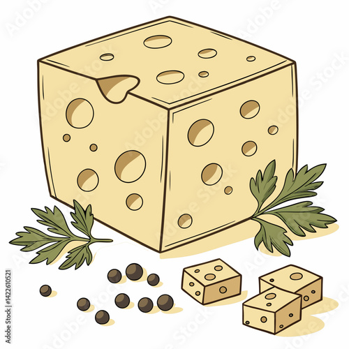 Hand-Drawn Swiss Cheese Illustration: Pale Yellow, Cubic.