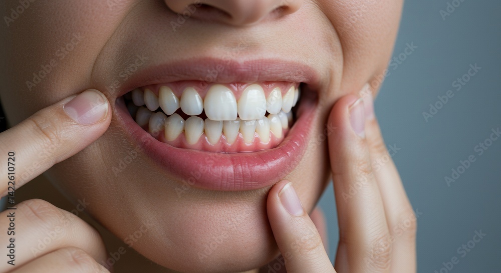 Fototapeta premium Close Up of a Woman's Mouth Showing Teeth and Gums With Blurred Gray Backdrop Dental Hygiene and Health Concepts Perfect for Medical Content