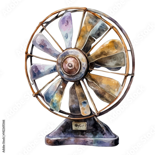 watercolor of Industrial Fan With Rotating Blades, vector, isolated on a white background.