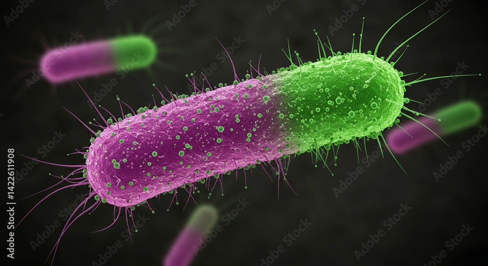 Fototapeta premium Detailed Microscopic Render of Elongated Bacterium with Purple and Green Transition on Dark Background