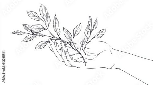 Hand hold leaves branch continuous line drawing. Plant in human arm one line art. Vector illustration isolated on white.
