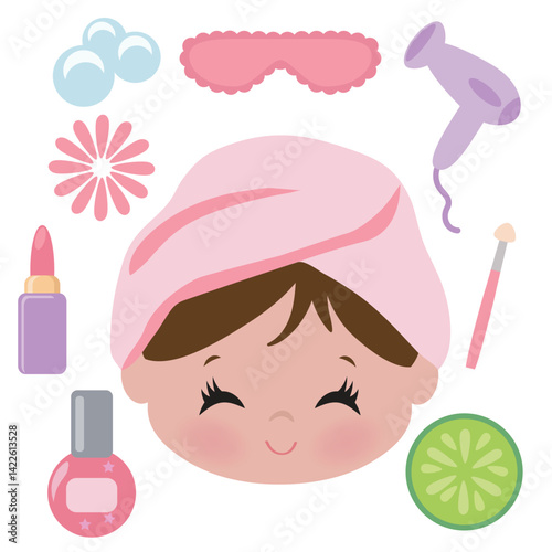 Cute little girl spa birthday vector cartoon illustration