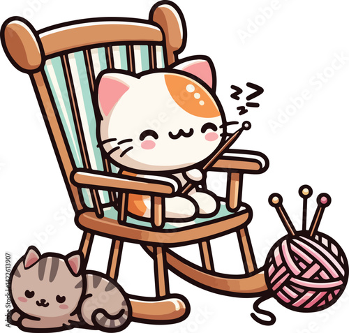 Evening Knitting Corner for Cat Kitty, Cartoon Illustration.
