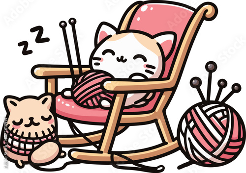 Evening Knitting Corner for Cat Kitty, Cartoon Illustration.