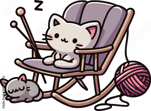 Evening Knitting Corner for Cat Kitty, Cartoon Illustration.