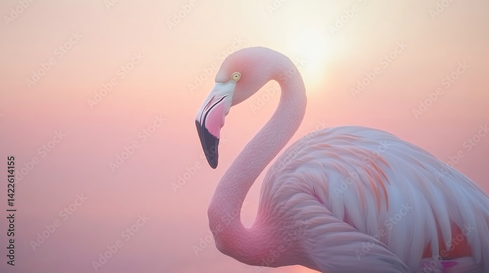 Fototapeta premium Pink flamingo standing gracefully against a soft pink sunset background