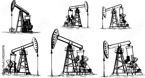 Hand drawn vector illustrations of oil pumps operating at different angles in a barren landscape during the day
