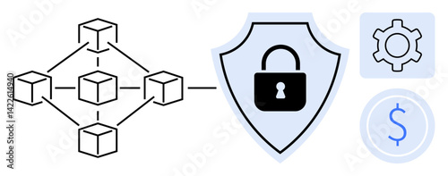 Blockchain network connected to shield with lock, gear icon, and dollar symbol. Ideal for security, technology, cryptocurrency, blockchain, data protection, finance simple landing page