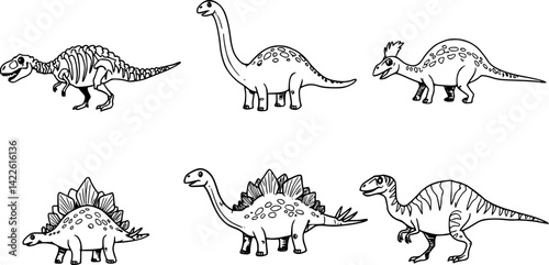 Various dinosaur illustrations showcasing different species in skeletal and cartoon styles
