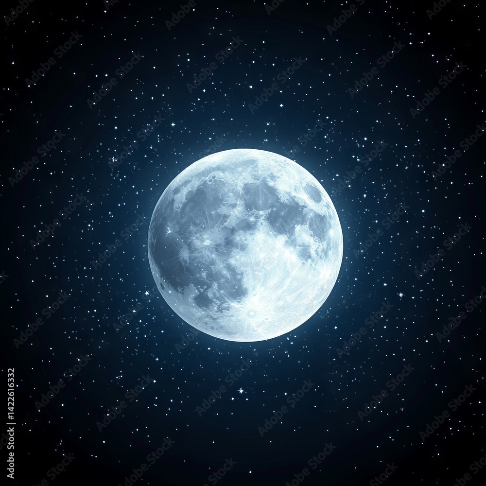Fototapeta premium Glowing moon against a dark sky full of stars. Celestial night.