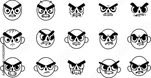 A cartoon face with a modern suspecting emoji features squinted eyes and a sullen expression, characterized by a closed mouth with downward curved corners, symbolizing doubt and isolated on a white
