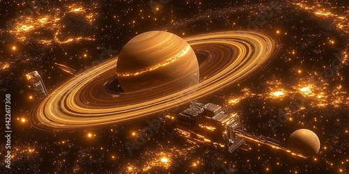 Ringed Planet in Cosmic Cityscape