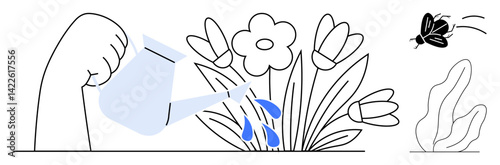Hand using a watering can to nourish blooming flowers while a bee flies nearby. Ideal for growth, nurturing, care, gardening, sustainability, nature, environment, simple landing page