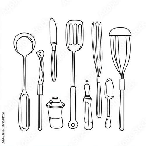 Continuous one-line drawing of kitchen tools, including utensils like a fork, knife, rolling pin, whisk, and ladle