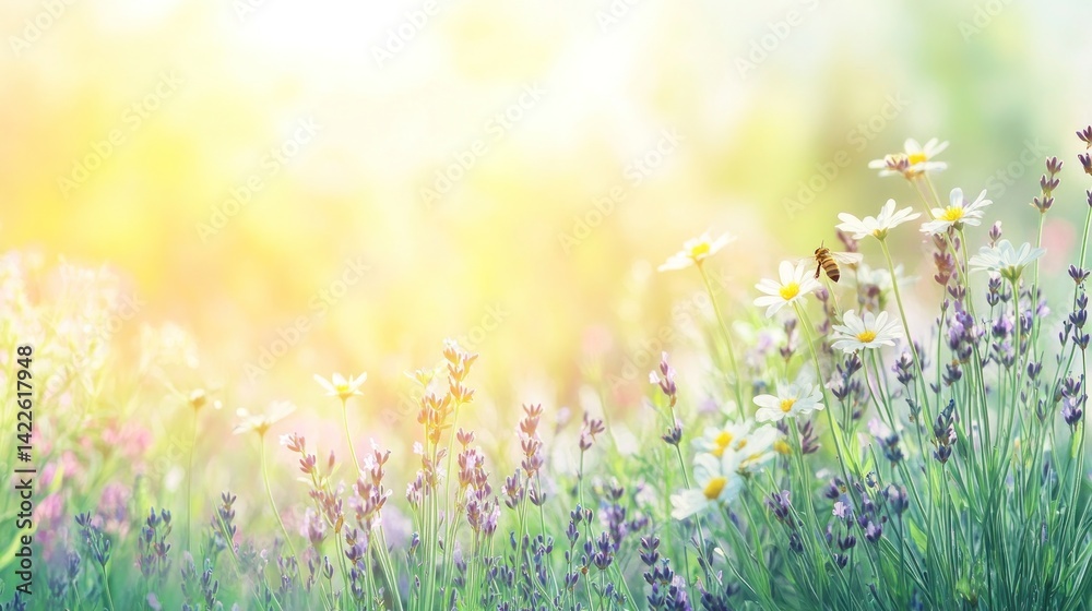 Lush meadow flowers bathed in golden sunlight. Lush meadow flowers bathed in golden sunlight.