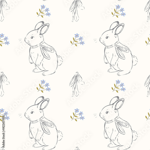 Seamless pattern with hand drawn vintage bunnies and wildflowers in a soft pastel color palette