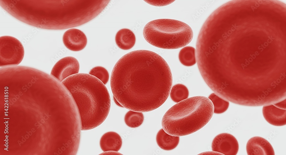 Detailed 3D Render of Red Blood Cells Biconcave Disc Shaped Floating in Stark White Void with Subtle Surface Textures and Highlights Indicating Slight Metallic Sheen Detailed 3D Render of Red Blood Cells Biconcave Disc Shaped Floating in Stark White Void with Subtle Surface Textures and Highlights Indicating Slight Metallic Sheen