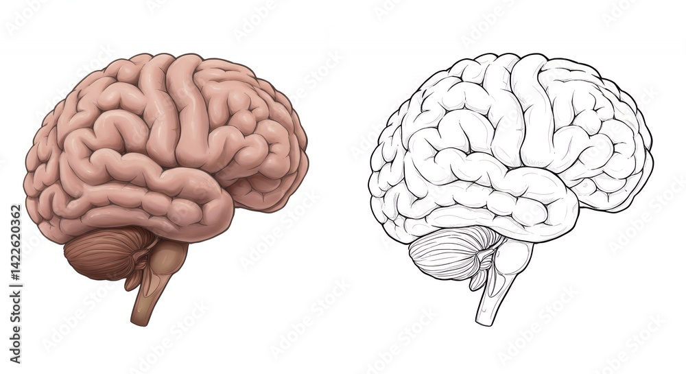 Realistic Human Brain Anatomy and Simple Line Drawing Isolated on White Background for Medical Study Realistic Human Brain Anatomy and Simple Line Drawing Isolated on White Background for Medical Study