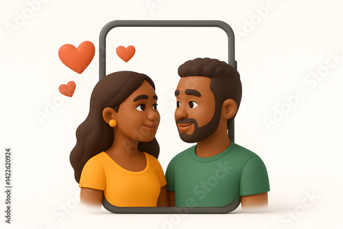 Ícone 3D de casal brasileiro se olhando com amor, celular em destaque e corações ao fundo. Fundo branco. Encontro online, site de namoro, amor à distância