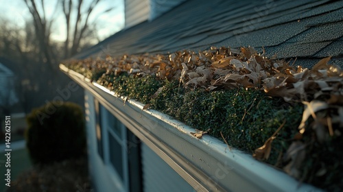 Autumn leaves clog gutter; suburban home; fall cleanup