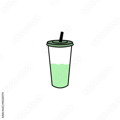 Plastic cup icon. Green drink vector. Beverage container shape. Straw lid symbol.