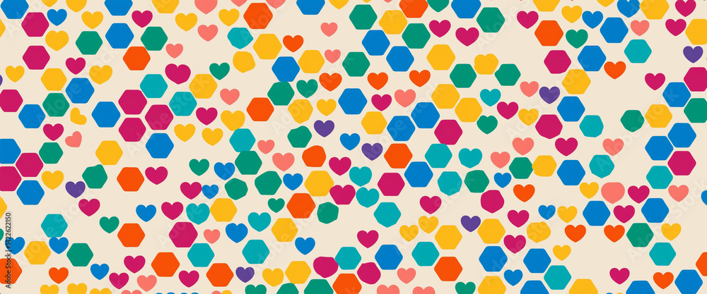 playful mix of colorful irregular hexagons and hearts in shades of yellow, blue, green, orange, and pink scattered on a light beige background playful mix of colorful irregular hexagons and hearts in shades of yellow, blue, green, orange, and pink scattered on a light beige background