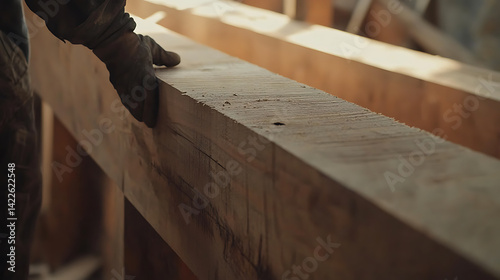 Close-Up of Carpenter's Hand on Wooden Beam
