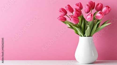 Wallpaper Mural Pink tulips in a white vase against a pink backdrop. Torontodigital.ca