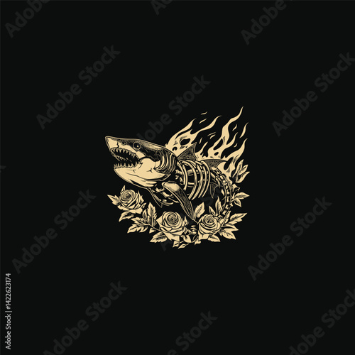 Skeleton shark floral decorative design vector template illustration