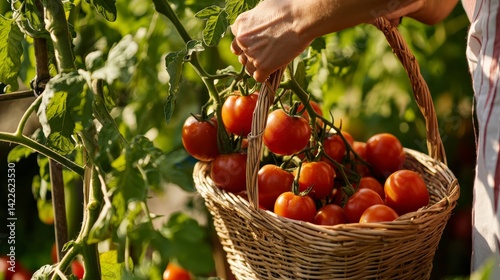 Person Picking Fresh Tomatoes from Vine into Woven Basket Outdoors