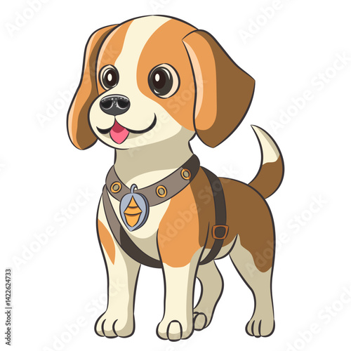 Cartoon beagle puppy in harness vector illustration