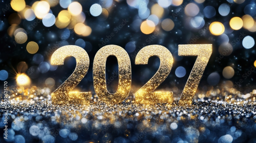 Bright golden numbers representing 2027 shine against a blurred background of colorful lights, creating a festive and celebratory mood Bright golden numbers representing 2027 shine against a blurred background of colorful lights, creating a festive and celebratory mood