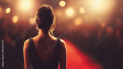 Red Carpet Anticipation: A silhouette of a poised woman stands on a red carpet. Her back turned, gazing towards the lights, with an air of elegance and excitement. A symbol of glamour, anticipation.
