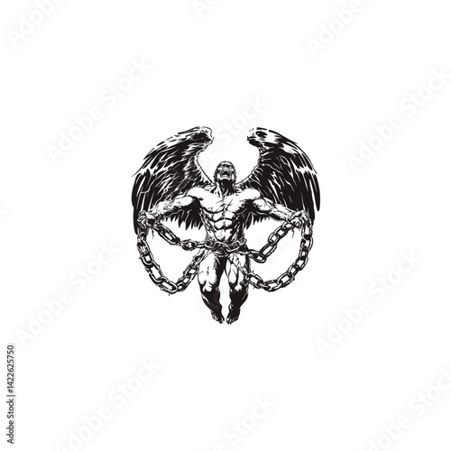 Powerful angel breaks free from the bonds of chains design vector template illustration
